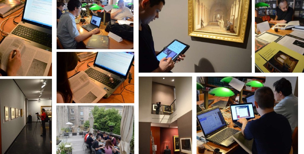 Les éditathons avec la communauté wikipédienne au Musée des beaux-arts de Lyon, photographies extraites du PowerPoint de S. Degroisse
Images de personnes devant des ordinateurs portables, devant les oeuvres du musée ou devant des livres. 