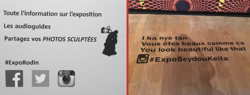 Signalétique dans l'exposition Rodin, GNGP / Rmn-GP 2017 (à g.) ; Unité scénographique "immersive" dans l'exposition Seydou Keïta, GNGP / Rmn-GP, 2016 (à d.) - Photographies de S. Appiotti

Image 1 : 
Toute l'information sur l'exposition
Les audioguides
Partagez vos photos sculptées
#exporodin

Image 2
I ka nyè tan
Vous êtes beaux comme ça
You look beautiful like that
#ExpoSeydouKeita