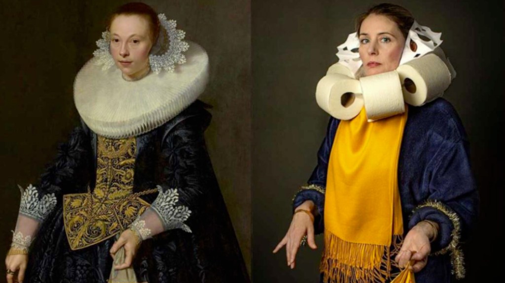 Image extraite du compte instagram @tussenkunstenquarantaine , présentée par Florence Andreacola dans son powerpoint.
Une personne reproduit un portrait : pour faire la collerette, la personne a utilisé du papier toilette. 