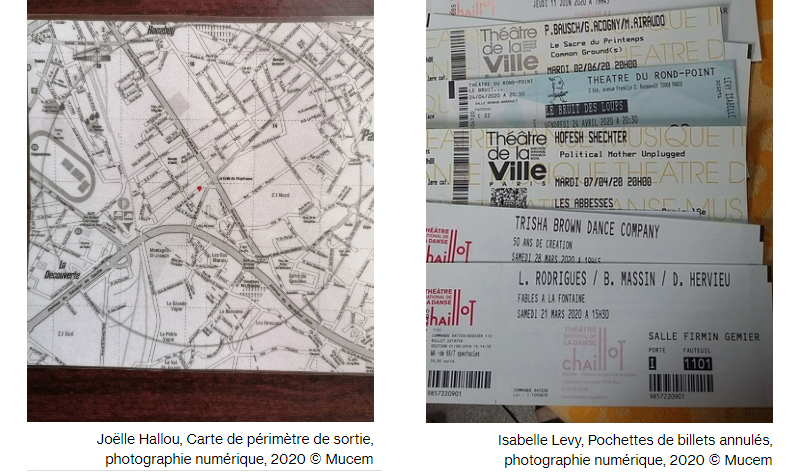 Réponses à la collecte « Vivre au temps du confinement », images en ligne sur le site du Mucem
Joelle Hallou, Carte de périmètre de sortie, photographie numérique, 2020, Mucem
Isabelle Levy, Pochettes de billets annulés, photographie numériques, 2020, Mucem
