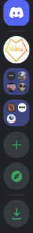 Capture d'écran de Discord : barre avec les différents serveurs que vous possédez et les boutons pour créer ou rejoindre d'autres serveurs. Pour rejoindre un serveur dont vous avez l'invitation, il faut cliquer sur le bouton avec un +
