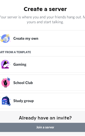 Capture d'écran de discord : Pop up qui s'ouvre en appuyant sur le bouton "+". Nous pouvons soit créer son serveur discord (create my own) ou rejoindre un serveur via "J'ai déja un lien" (already have an invite?)