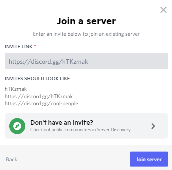 Capture d'écran de Discord : Pop up pour rejoindre un serveur avec l'encadré où il faut coller un lien. Les liens données sur la photos sont des exemples que donnent Discord.