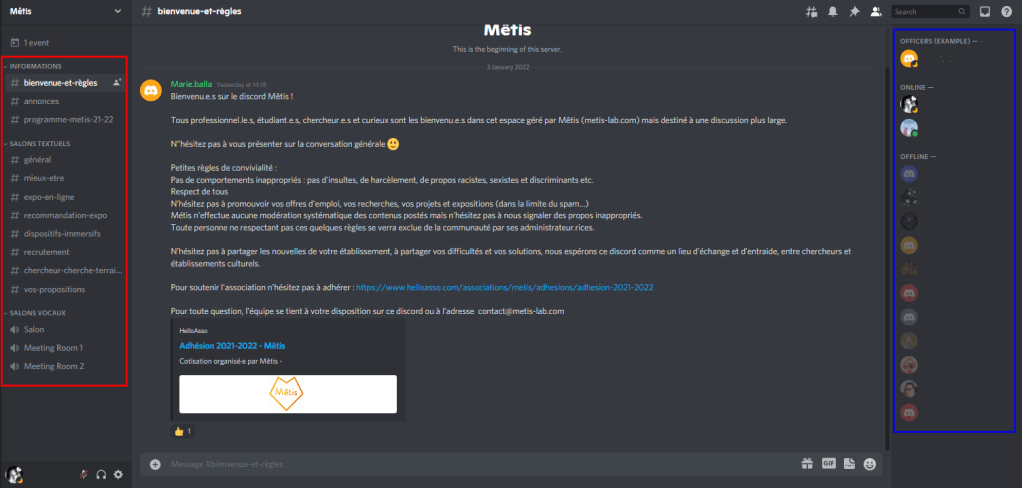 Capture d'écran de du discord de mêtis avec en rouge à gauche, la liste des salons, au centre, l'espace de discussion et en bleu à droite la liste des membres