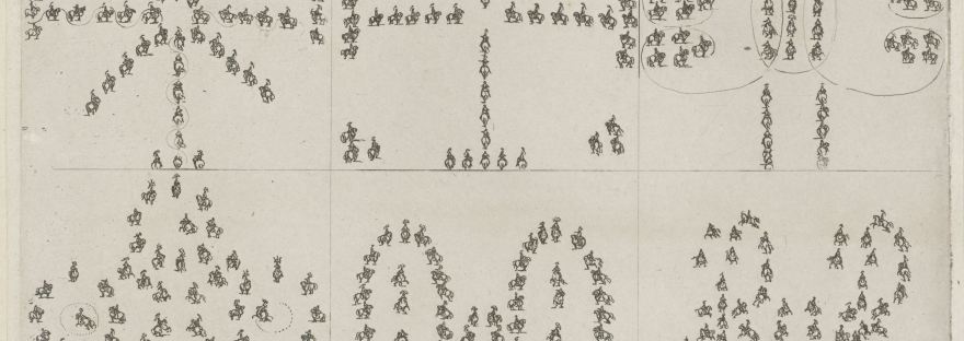 Feuille avec douze représentations de motifs différents pour un ballet équestre (carrousel).