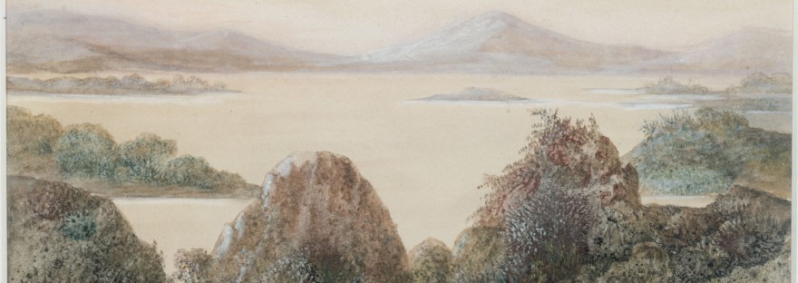 Paysage imaginaire avec, au premier plan, deux personnages et un chien (peut-être les petites filles de George Sand et le chien Fadet)